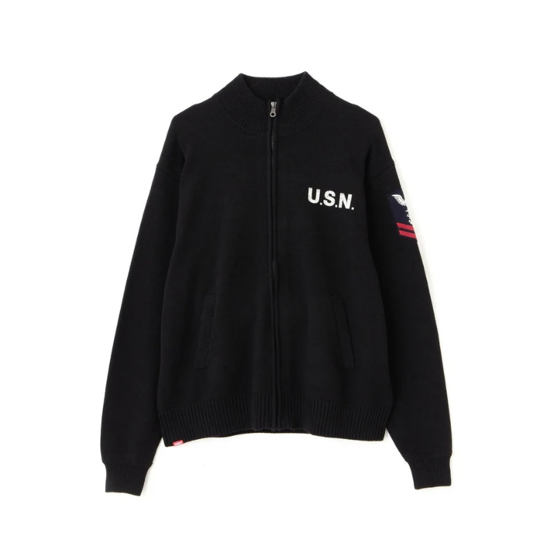 AVIREX NAVAL STAND COLLAR ZIP KNIT JACKET "BLACK"  7833930012-010
