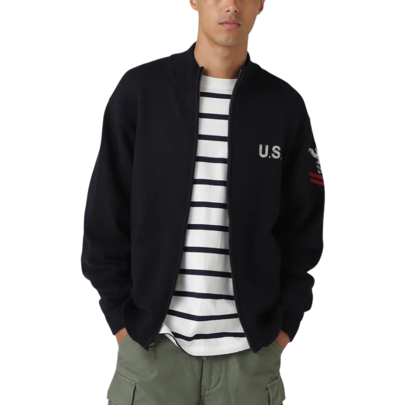 AVIREX NAVAL STAND COLLAR ZIP KNIT JACKET "NAVY"  7833930012-120