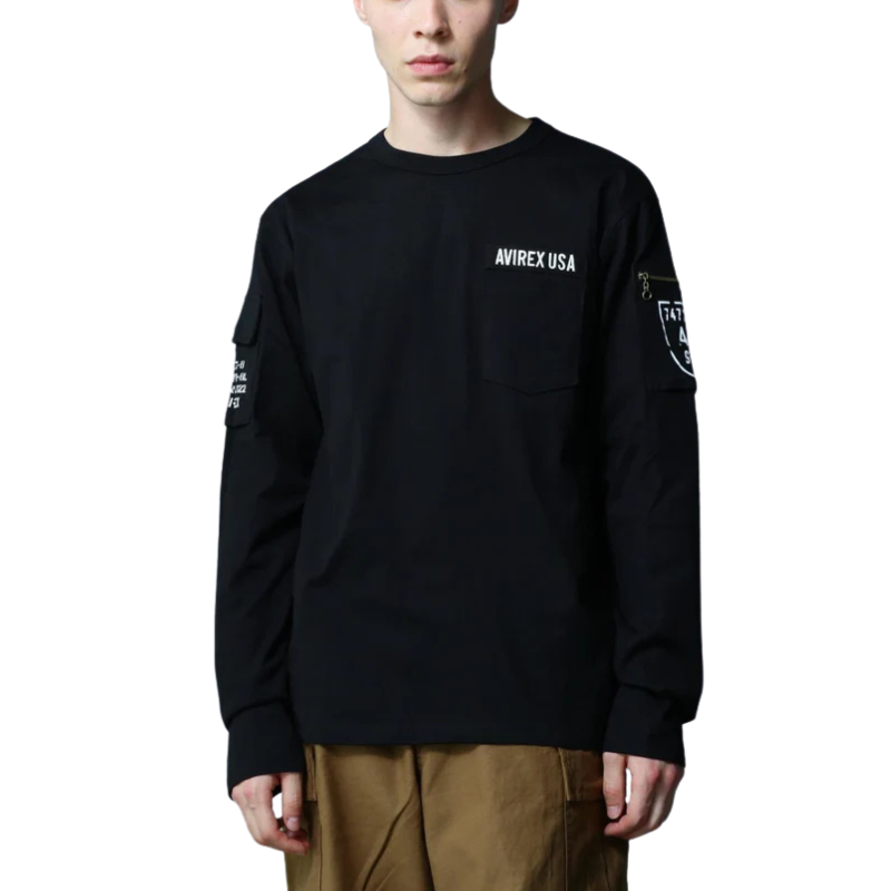 AVIREX FATIGUE CREW NECK L/S T-SHIRT "BLACK"  7835930016-010