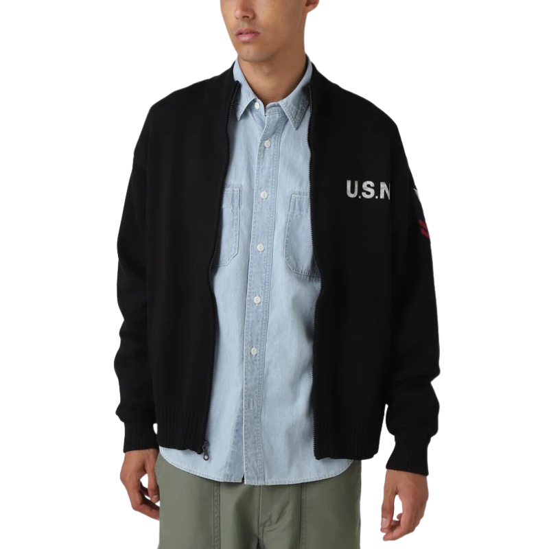 AVIREX NAVAL STAND COLLAR ZIP KNIT JACKET "BLACK"  7833930012-010