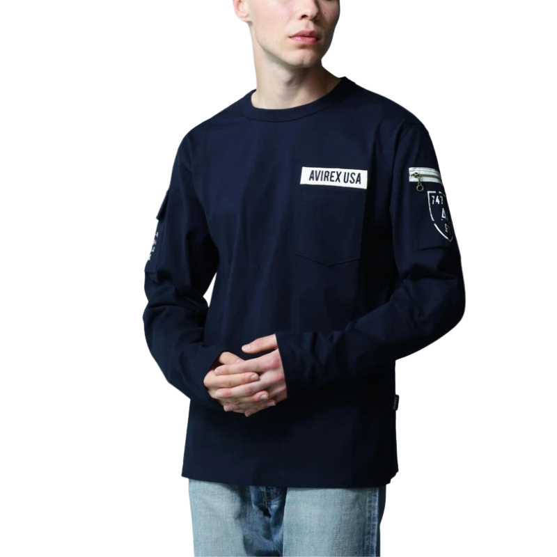 AVIREX FATIGUE CREW NECK L/S T-SHIRT "NAVY"  7835930016-120