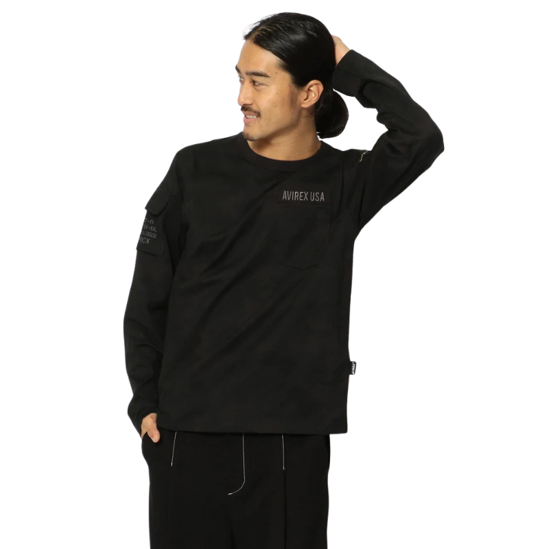 AVIREX FATIGUE CREW NECK L/S T-SHIRT "BLACK CAMO"  7835930016-012