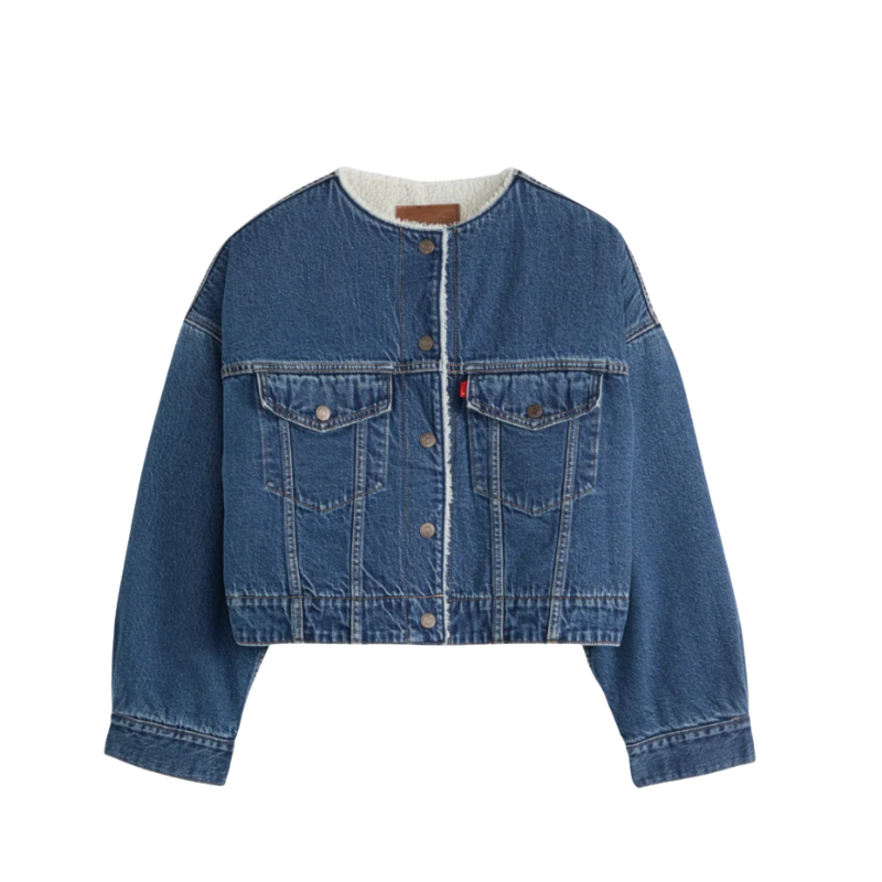 Levi’s COLLARLESS CROP SHERPA TRUCKER JACKET "MEDIUM INDIGO" 0088Z-0000