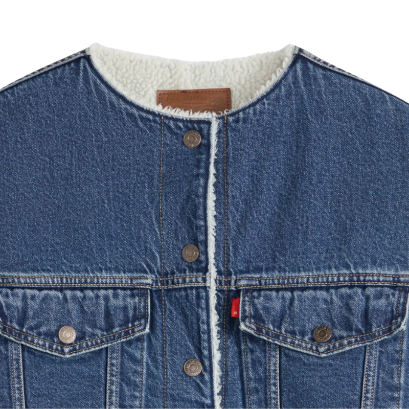 Levi’s COLLARLESS CROP SHERPA TRUCKER JACKET "MEDIUM INDIGO" 0088Z-0000